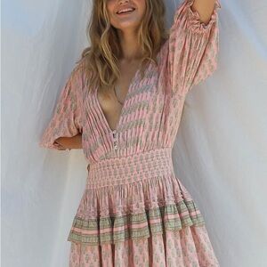 Jen’s Pirate Booty Daydream Petit Mini Dres Pink Green Mini Ruffle Boho Dress XS